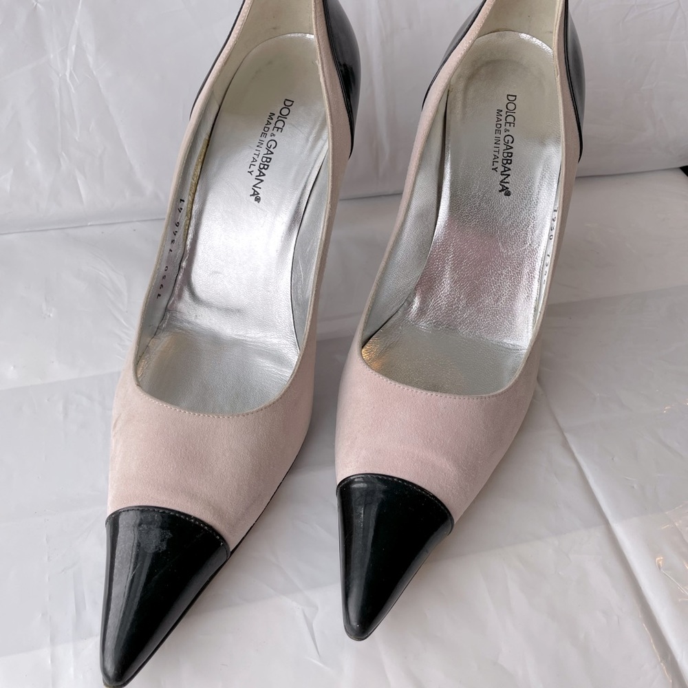 Dolce and Gabbana heels, pink suede and black patent; size 41 w/ 4” heel.